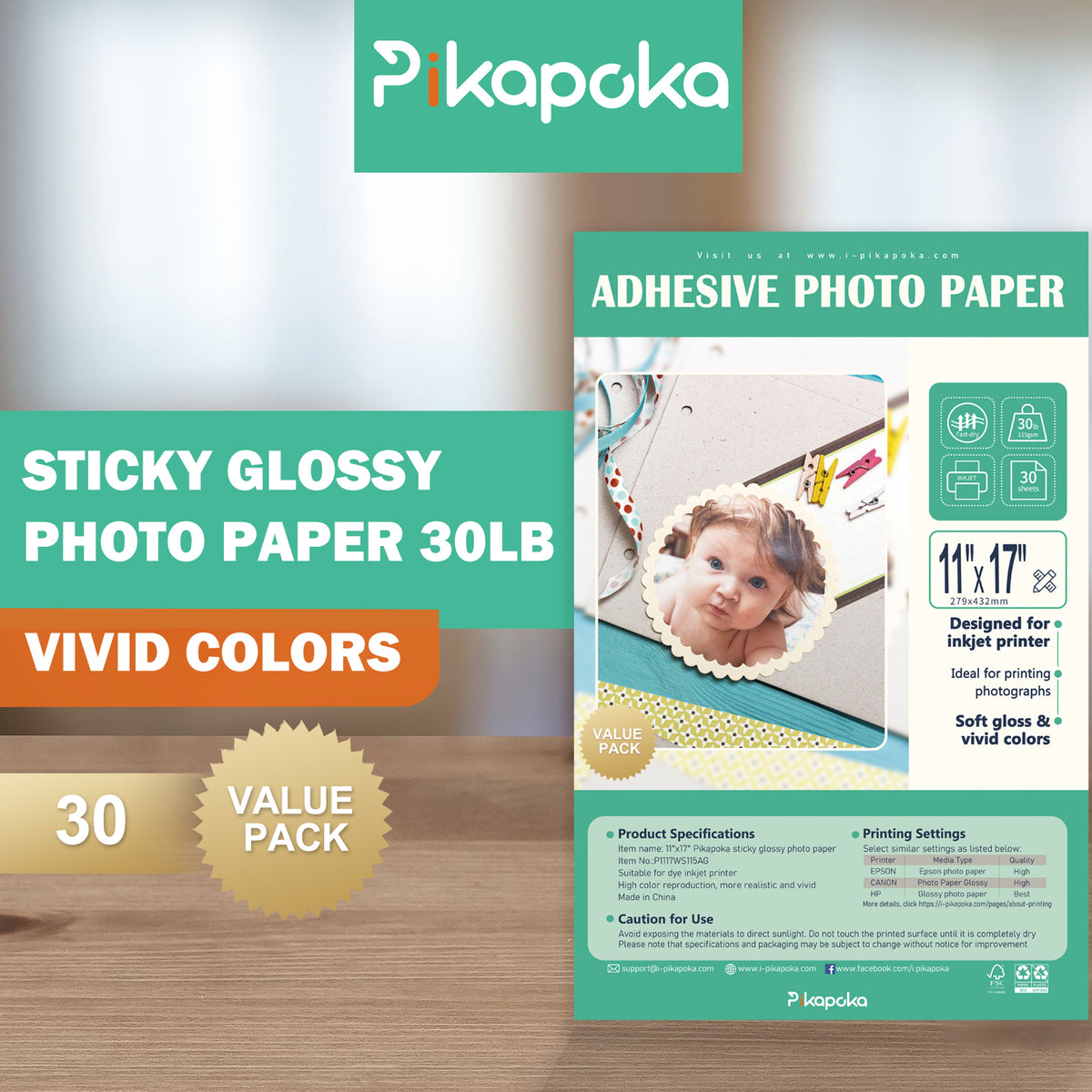 US STOCK] Pikapoka 11x17 Self Adhesive Photo Paper, A3