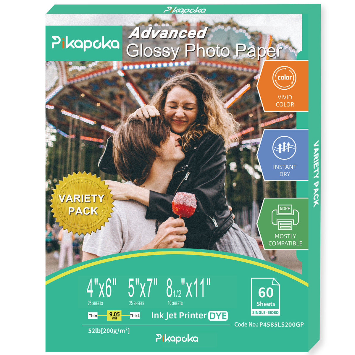 Pikapoka Photo Paper 4x6, 5x7, 8.5x11, 60 Variety Pack Bulk