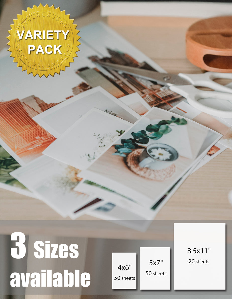 Glossy Photo Paper 4x6, 5x7, 8.5x11, 120 Variety Pack Bulk, Assorted Sizes,  Inkjet, 52lb, Pikapoka (P4585YE200GP)