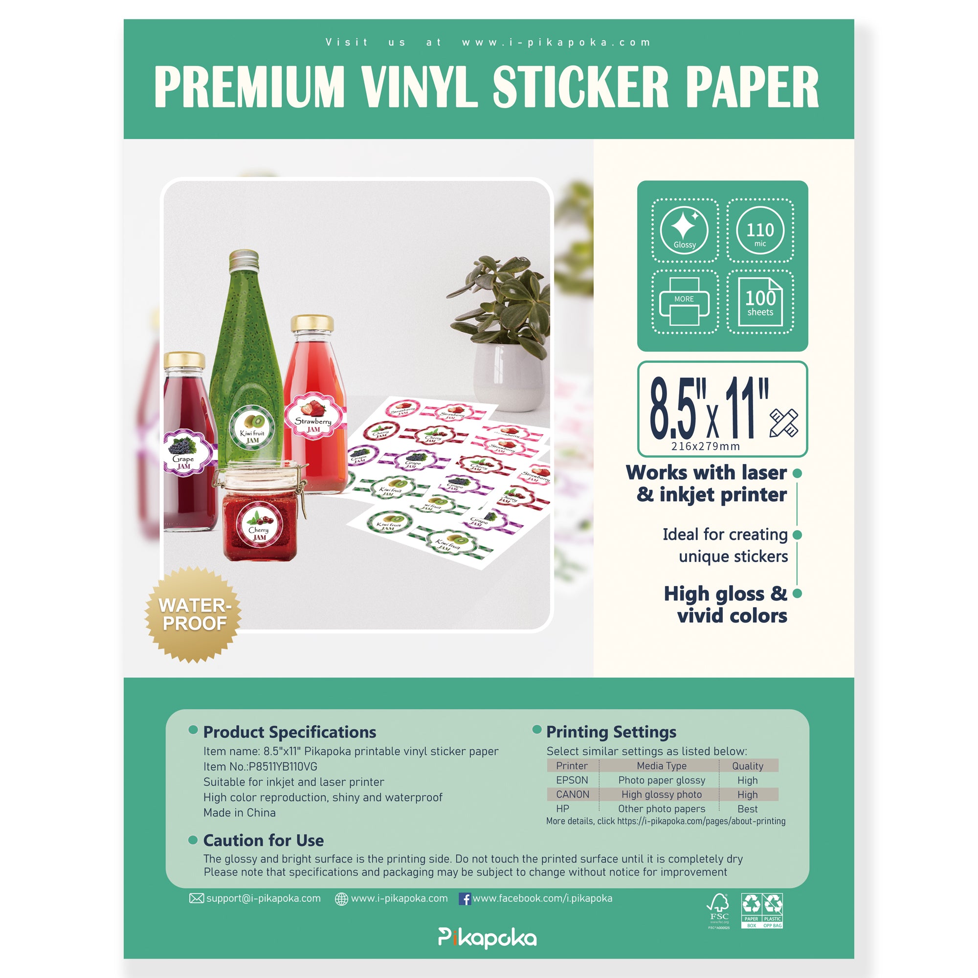 8.5 x 11 Vinyl Labels, 100 Sheets, Weatherproof Vinyl for Laser