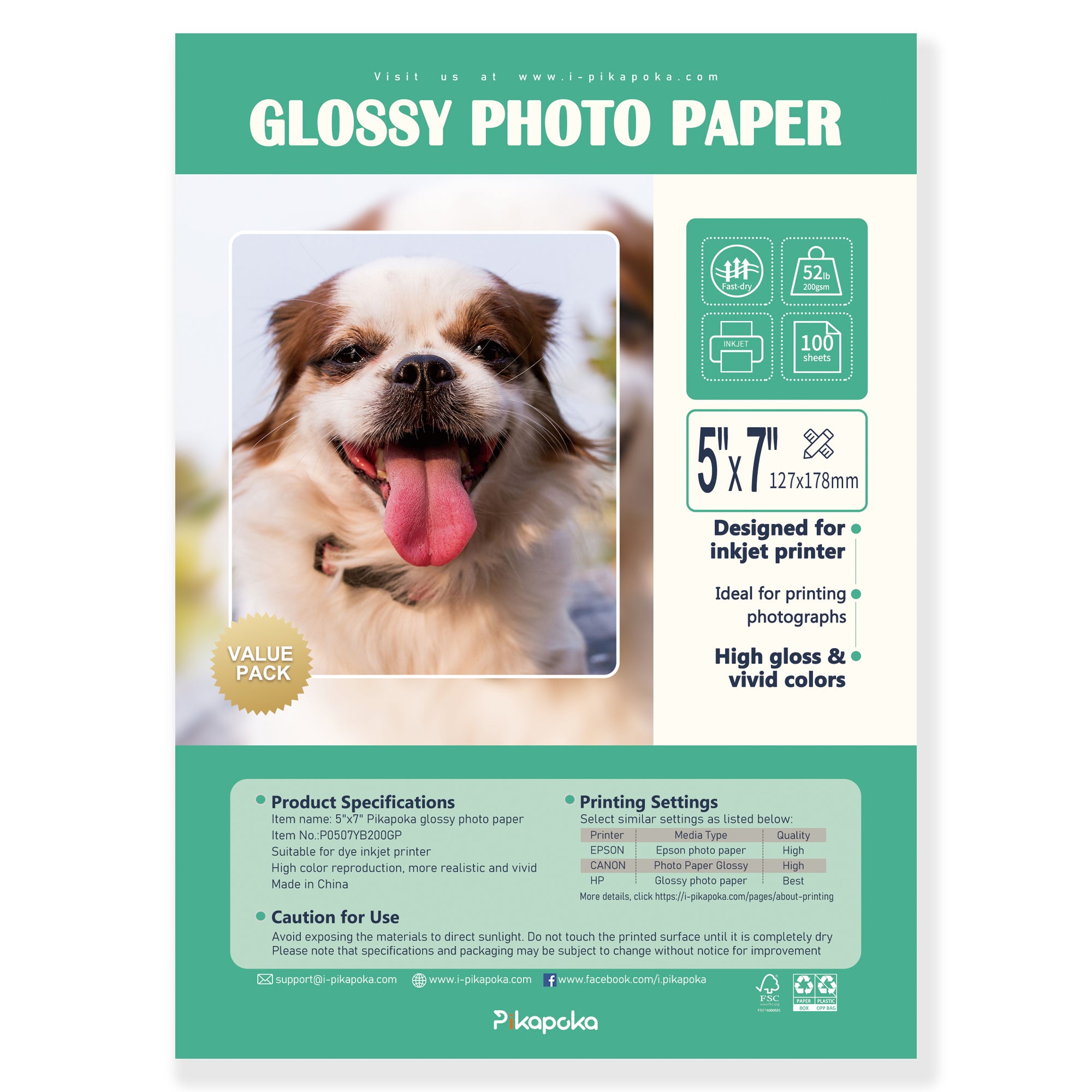 Basics Photo Paper, Glossy, 5 x 7 Inch, Pack of 100 Sheets, 200g/m²,  White